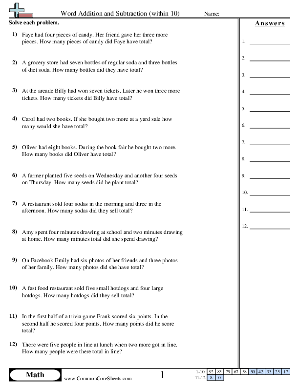 Word Addition Within 10 worksheet